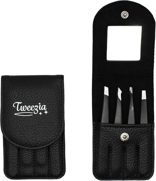 TWEEZIA Stainless Steel Tweezer Set - 4 Precision Tweezers with Mirror & Leather Case - Ideal Eyebrow Kit, Ingrown Hair Tweezers, Splinter Removal Kit or Pointed Tweezers for Beauty and Personal Care