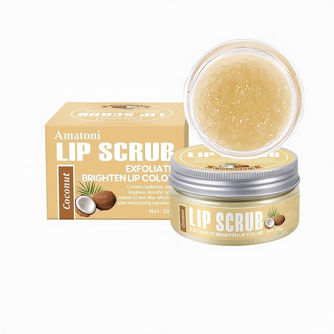 4-Color Fruit-Flavored Lip Scrub for Dry, Cracked & Dark Lips – Exfoliating & Moisturizing Lip Care with Organic Ingredients, Lip Brush – Vegan, Cruelty-Free (20g) (Coconut flavor, 1PC)
