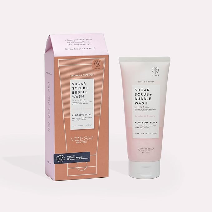 VOESH Sugar Scrub + Bubble Wash, Exfoliating Body Scrub & Body Wash, Blossom Bliss 2 Pack, Scalp Scrub, Scalp Care, Shower Sugar Scrub, Vegan Body Care