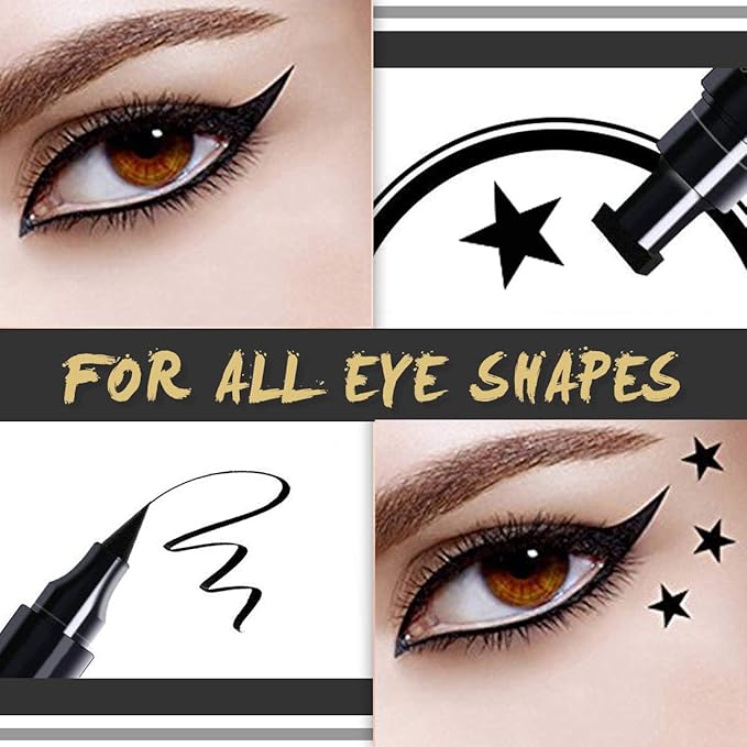 4Pcs Dual-Ended Black Liquid Eyeliners Pack with Face Stamps – Star Moon Flower Heart Stamps for Cosplay & Gothic Makeup,Fine Tip, Smudge-resistant – Beginner-Friendly (4Pcs-Black-set01)