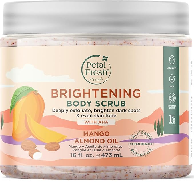 Petal Fresh Pure Brightening Mango & Almond Oil Body Scrub, AHAs for Gentle Exfoliation, Even Tone & Radiant Glow, Vegan and Cruelty Free, 16 oz – MADE IN USA