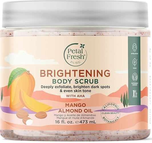 Petal Fresh Pure Brightening Mango & Almond Oil Body Scrub, AHAs for Gentle Exfoliation, Even Tone & Radiant Glow, Vegan and Cruelty Free, 16 oz – MADE IN USA