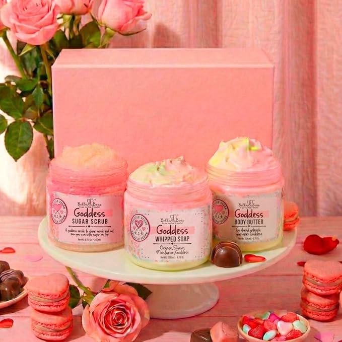 Bella & Bear Goddess Valentines Love Yourself Ritual – Whipped Soap, Body Scrub & Body Butter Set, Tropical Scent, Vegan & Cruelty-Free Self Care Gift for Women