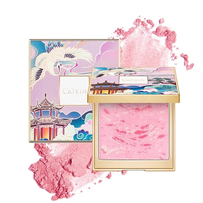 CATKIN Powder Blush for Cheek Blusher Natural Shimmering Blush & Highlight 2 in 1 Creamy Blendable Baked Blush Palette 10g C01 Drunk in Blossom