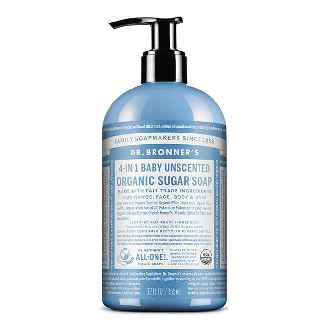 Dr. Bronner's Organic Sugar Soap (Baby Unscented, 12 Ounce) - Made with Regenerative Certified Organic Oils, Sugar & Shikakai Powder, 4-in-1 Use: Hands, Body, Face and Hair- Liquid Soap, Nourishes