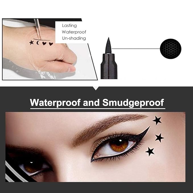 4Pcs Dual-Ended Black Liquid Eyeliners Pack with Face Stamps – Star Moon Flower Heart Stamps for Cosplay & Gothic Makeup,Fine Tip, Smudge-resistant – Beginner-Friendly (4Pcs-Black-set01)