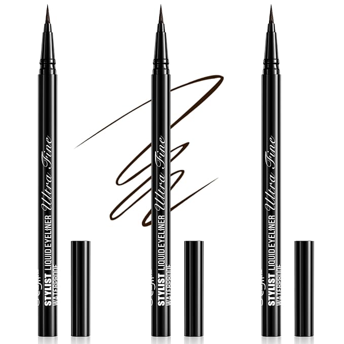 Stylish Ultra-precise Waterproof Liquid Eyeliner - Long Lasting & Smudgeproof Eye Liner with Ultra Fine Felt Tip, Ophthalmologist-Tested, Vegan- Dark Brown(Pack of 3)