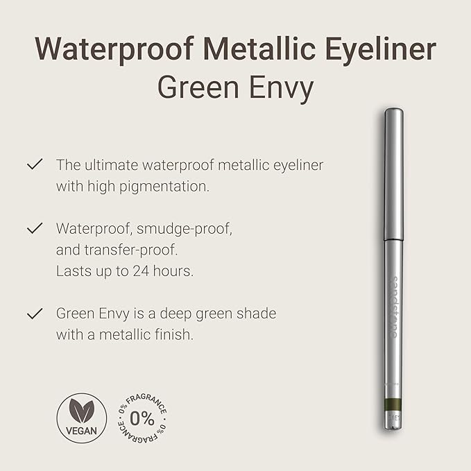 Sandstone Scandinavia Hypoallergenic Waterproof Metallic Eyeliner Pencil – Green – Fragrance-Free, Vegan – Smudge-Proof Eye Liner for Sensitive Eyes