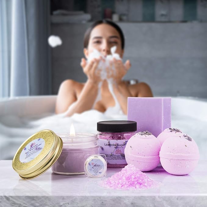 Gift Basket for Women Organic Lavender Gift Set, Bath and Body at Home, Spa Kit, Soy Wax Candle, Natural Oil Bath Salt, 3 Bath Bombs, Soap Bar, Body Sugar Scrub, for Mom, Girls - Made in USA