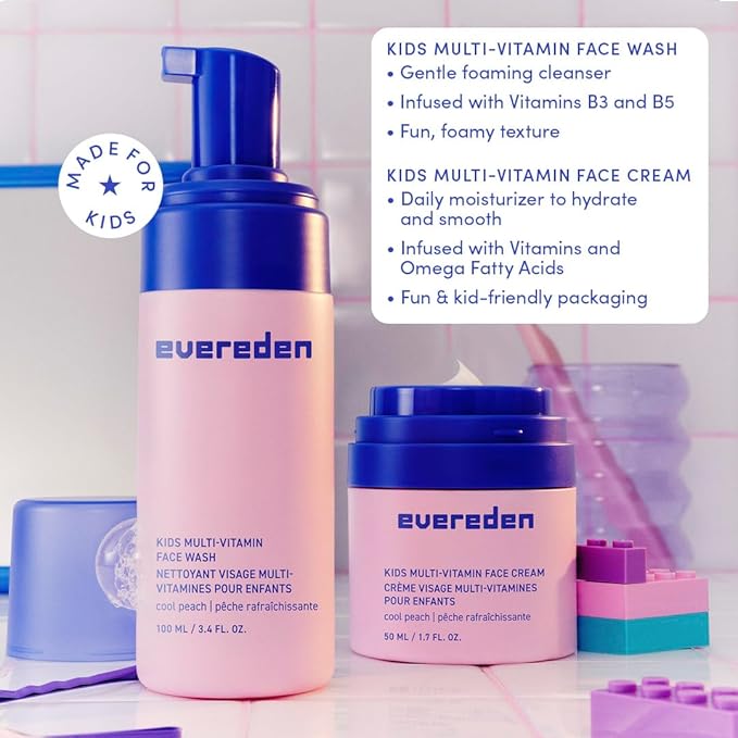 Evereden Kids Happy Face Duo (Cool Peach) - Multi-Vitamin Face Wash & Face Cream Set - Clean & Vegan Skin Care for Kids 3+ - Moisturizing, Nourishing, & Protective Skin Care Set