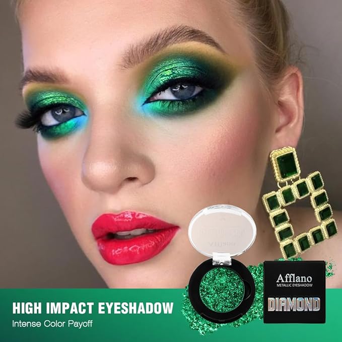 Green Glitter Eyeshadow, Highly Pigmented Fine Pressed Glitter Emerald Green Metallic Eye Shadow Palette Wicked Makeup, High Impact Long Lasting Waterproof Eye Glitters for Saint Patrick, Carnival