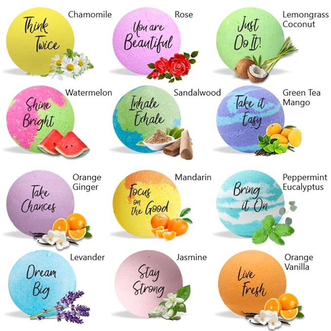 Bath Bombs for Women Relaxing with Inspirational Messages, 12 Natural and Organic Bath Bombs with Essential Oils & Skin Moisturizing Shea Butter. Easter Basket Essentials Gift for Wife, Girlfriend,