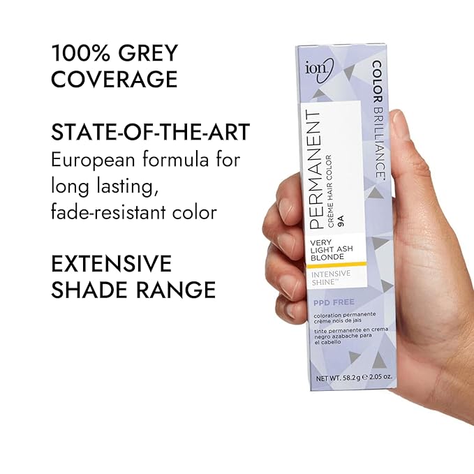 Ion Permanent Creme Hair Color 9A Very Light Ash Blonde, Vegan, Cruelty Free, PPD Free, 100% Gray Coverage, Long Lasting, Fade Resistant Color, 2.05 oz