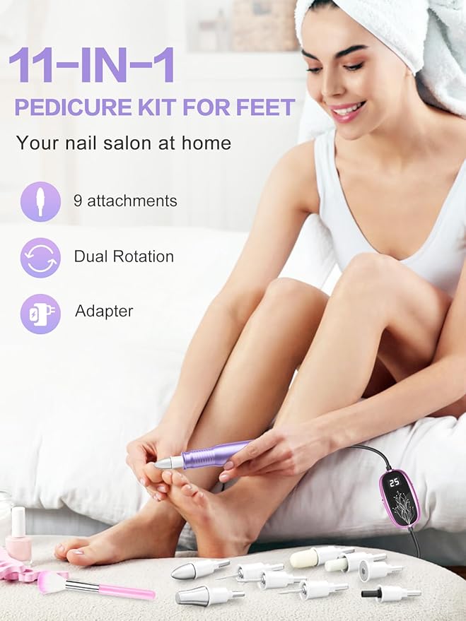 Subay Professional Manicure Pedicure Kit, Electric Nail Drill Set with LED Display, 25000RPM, 11-Piece Attachments Plus 20 Sanding Bands, Nail Grinder Tool for Women Men Baby Pets (3.Purple)