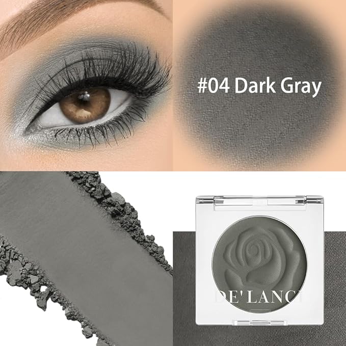 DE'LANCI Dark Gray Eyeshadow Matte, Single Matte Grey Eyeshadow Palette Longwear Natural Grey Eyes Makeup, Punk Goth Smokey Gray Eye Shadow Makeup, Blendable Sombra de Ojos Gris Day & Night Makeup,04