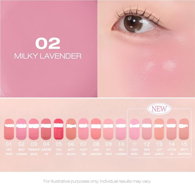 PERIPERA SYRUPY TOK CHEEK 15 Colors, Liquid Blush, Dewy Finish and Hydrates All day, Soft Velvet Texture Face Cheek Tint (02 MILKY LAVENDER)