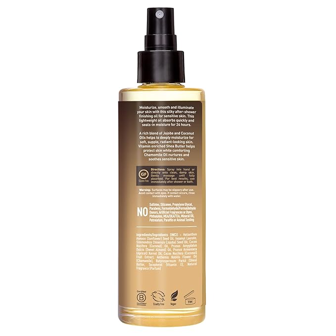 Desert Essence Jojoba, Coconut & Chamomile Body Oil Spray, 24-Hour Moisture After Shower Finishing Oil for Sensitive Skin, Fast-Absorbing Hydration, 8.28 fl oz