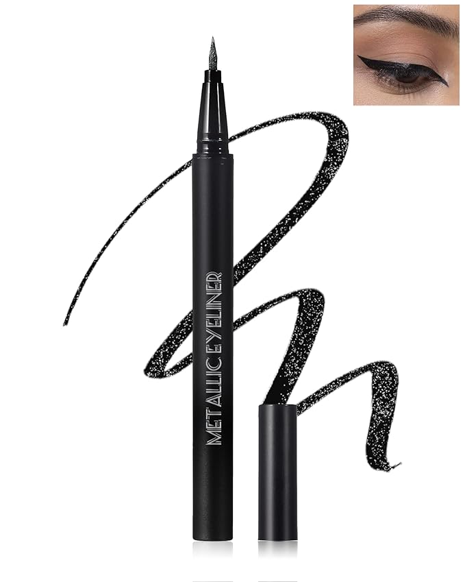 Metallic Shimmer Liquid Eyeliner, Black Glitter Eyeliner Waterproof Long-Stay 24H, Sparkling Finish Eye Liner Pen, Ultra-Fine Tip & Smooth Application, High Pigmented Smudge-Proof Makeup for Women-10