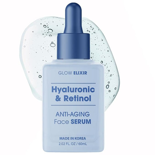 Glow Elixir Retinol Serum for Face with Hyaluronic Acid – Hydrating Anti-Aging Face Serum for Wrinkles Fine Lines & Uneven Skin Tone – Dermatologist Tested Korean Skin Care – Clean Beauty – 2.02 Fl Oz