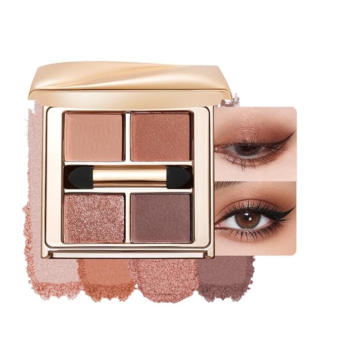 Warm Rosy Brown Eyeshadow Palette, 4-Shade Neutral Nude Matte & Shimmer Eye Makeup for Soft Glam & Romantic Rose Looks — Enhances Brown, Hazel & Green Eyes, High Pigment Long-Lasting Blendable Formula