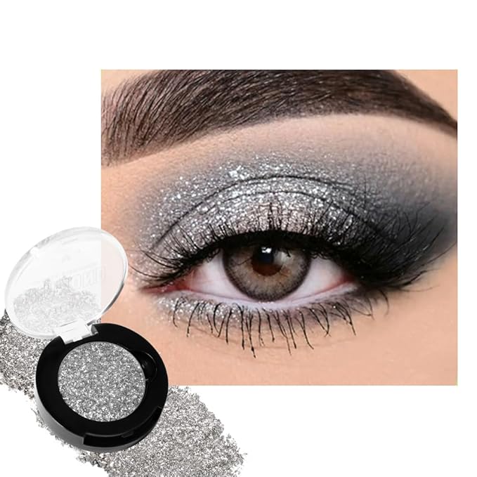 Silver Glitter Eyeshadow Single, High Impact Gray Silver Sparkle Eyeshadow for Smokey Eyes, Blendable Pigmented Long Lasting Metallic Eye Shadow, Shiny Minerals Pressed Powder Eye Glitter, Vegan #11H