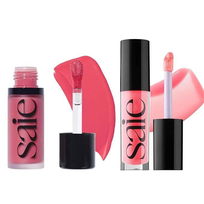 Saie Dewy Glow Duo - Dew Liquid Blush - (.40 oz, Flirty), Glossybounce Lip Gloss-Oil Hybrid (.17 oz, Burst) - Hydrating, Vegan Makeup for Radiant Cheeks & Lips