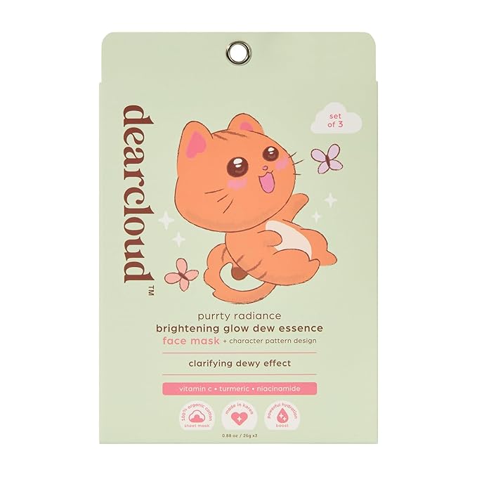 dearcloud Purrty Radiance Illuminating Glow Dew Essence Face Mask, Korean Sheet Mask - Vitamin C, Niacinamide & Turmeric (3 Count)
