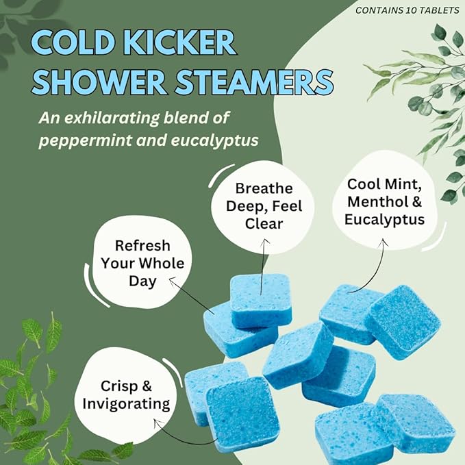 Cold Kicker Shower Steamers Aromatherapy for Relief - USA Made - Peppermint & Eucalyptus Shower Bomb Tablets – Valentines Day Gift for Her and Him – Soothing Natural Essential Oils (10 Pack)