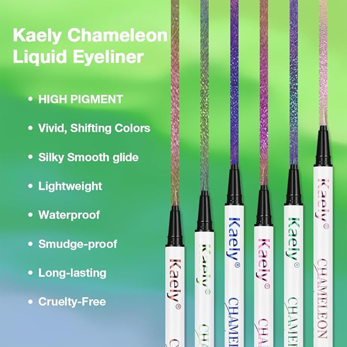 Kaely Chameleon Liquid Eyeliner, Glitter Metallic Chrome Eyeliner Liquid, Multichrome Eye Liner Waterproof Smudge Proof, High-Pigmented Makeup Looks, Quick-Drying, Cruelty-free, 02 Green