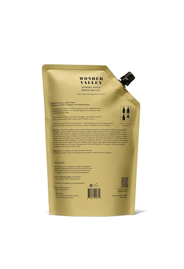 WONDER VALLEY - Hinoki Body Wash Refill | Vegan, Cruelty-Free, All Skin Types | Hydrates, Cleanses, and Microbiome-Friendly (33.8 oz | 1 L)