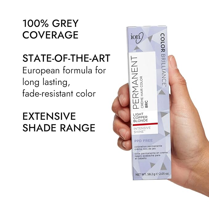 ion Permanent Creme Hair Color 8RC Light Copper Blonde, Vegan, Cruelty Free, PPD Free, 100% Gray Coverage, LongLasting, FadeResistant Color, 2.05 oz