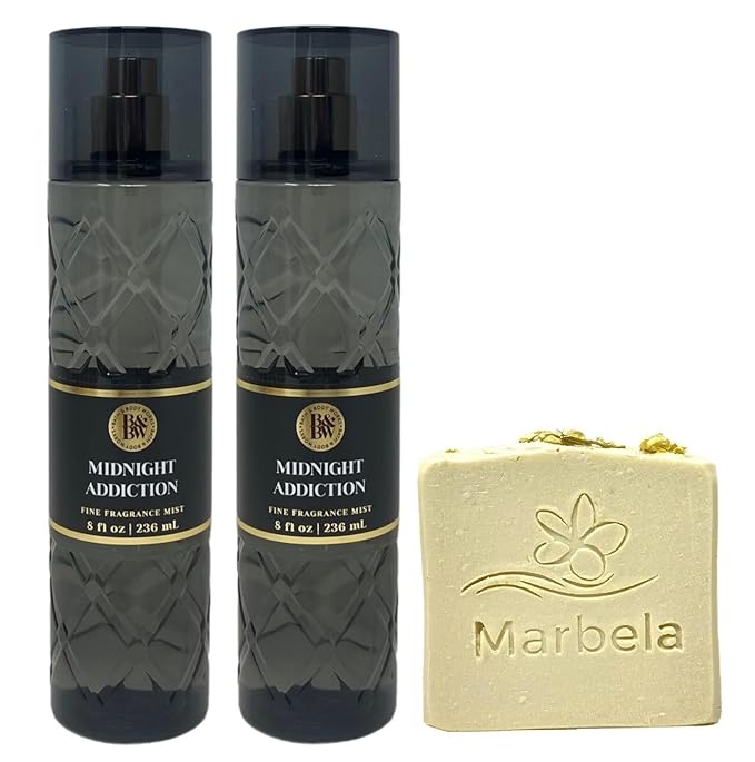 Bath & Body Works Midnight Addiction Fine Fragrance Mist 2 Pack with a Wild Jasmine Bar Soap.