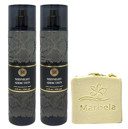 Bath & Body Works Midnight Addiction Fine Fragrance Mist 2 Pack with a Wild Jasmine Bar Soap.