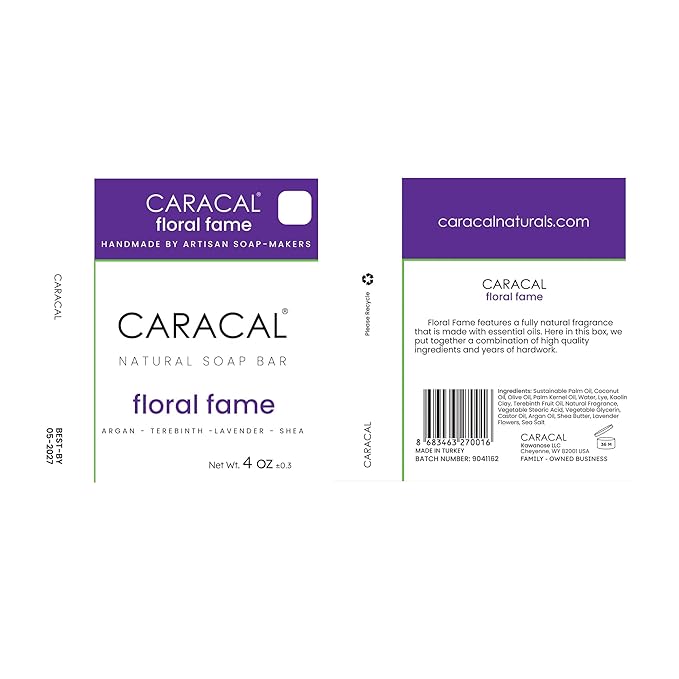 CARACAL Floral Fame Vegan Herbal Natural Women's Men's Soap Bar, Strong Smoky Lavender, Clary Sage, Terebinth Fruit, Olive, Castor Oils & Shea Butter - Long Life