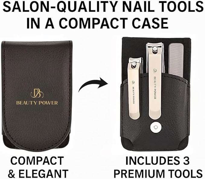 Nail Clippers Set 3 in 1 - Stainless Steel Toe Nail Clippers, Fingernail Clipper, Glass Nail File, Anti Splash, Ergonomic Grip in Black PU Leather Travel Case for Men & Women - Gift Idea