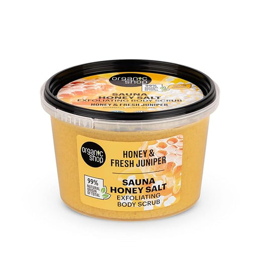 Organic Shop Honey Salt & Juniper Hydrating & Exfoliating Body Scrub, 100% Vegan & Organic, Daily Exfoliant, Detox & Moisturizer, Body, Face, Hand & Foot, Intensive Care & Skin Toning. 250ml
