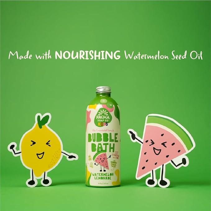 Pacha Soap Co. Kids Bubble Bath, Watermelon Lemonade - Tear-Free, Dye and SLS-Free, Ultra-Concentrated, Foaming, Plant-Based, Vegan, Vitamin-Rich, Non-Toxic, Recyclable, Made in The USA, 2-Pack