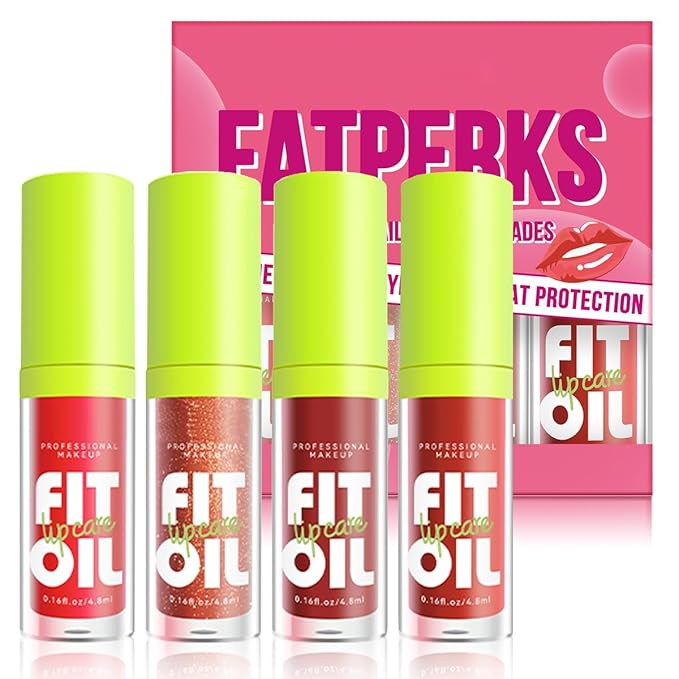 4 Colors Big Brush Head Lip Oil, Smooth Glossy Lip Glow Oil, Ultra-Hydrating & Nourishing, Long Lasting Fresh Transparent Tinted Plumping Lip Oil, Non-Sticky Formula (SetB)