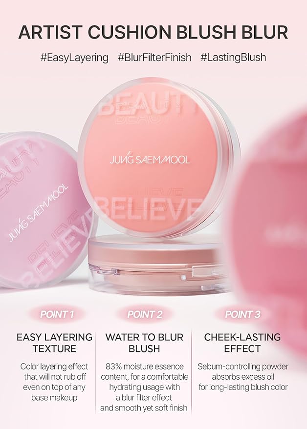 JUNG SAEM MOOL Artist Cushion Blush Blur | Matte & Soft Finish, Korean Liquid Blush for cheeks, Easy to Blend with Puff (Rosy Petal)