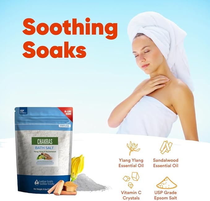 Chakras Bath Salt 128 Ounces (8 Lbs) Epsom Salt with Natural Ylang Ylang and Sandalwood Essential Oils Plus Vitamin C in BPA Free Pouch with Easy Press Lock Seal Made in USA