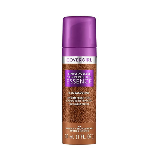 Covergirl Simply Ageless Skin Perfector Essence Foundation, 65 Tan-Rich, Tinted Skincare Makeup Hybrid, Sheer Tint, Radiant Finish, Glowy Finish, Vegan Formula, 1.0oz