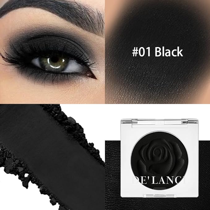 DE'LANCI Single Black Eyeshadow, Matte Eyeshadow Black Eyes Goth Smokey Makeup, Long Lasting Blendable Single Dark Eye Shadow Pallet, for Smoky SFX Halloween Makeup Eyeliner Face Body Paint, #01