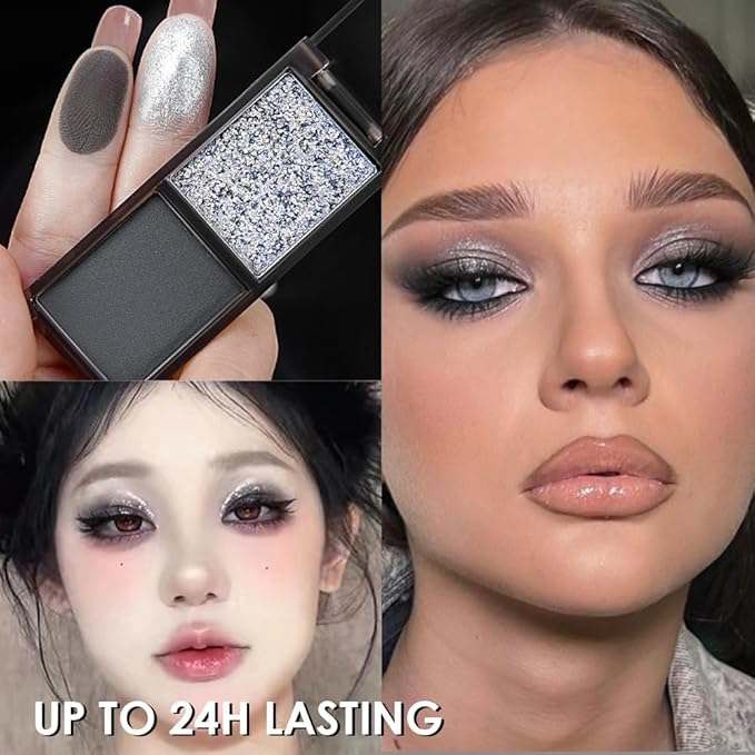 AMY'S DIARY 2 Color Shimmer Silver Black Eyeshadow Palette – Shimmer matte Shades eye shadow for Eye Makeup, Long-Lasting & Highly Pigmented, Vegan & Cruelty-Free for woman (01#)