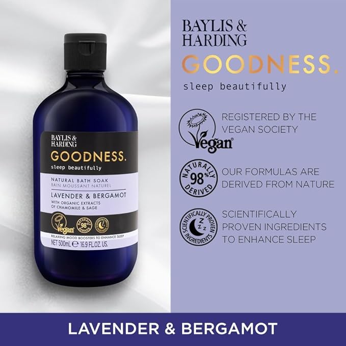 Baylis & Harding Goodness Bath Soak | Lavender & Bergamot | Luxury Bath Soak with Relaxing Mood Boosters to Enhance Sleep | Natural Essential Oils, Dermatologist Approved, Vegan | 3 Pack