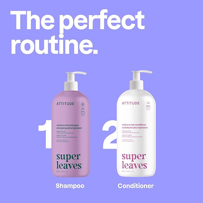ATTITUDE Moisture Rich Hair Shampoo, EWG Verified, For Dry and Damaged Hair, Naturally Derived Ingredients, Vegan and Plant Based, Quinoa and Jojoba, 32 Fl Oz