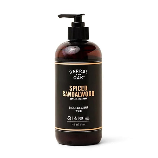 Barrel & Oak All-in-One Wash for Face, Hair, & Body, Vegan & Hydrating Face, Shampoo and Body Wash for Men, Grooming Kit Gifts for Men, Spiced Sandalwood, 16 oz