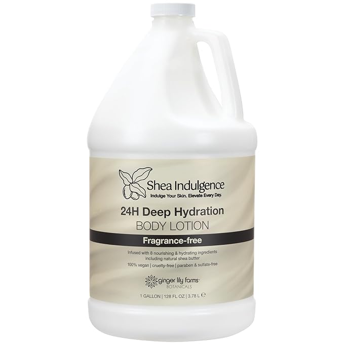 Ginger Lily Farms Botanicals Shea Indulgence 24H Deep Hydration Body Lotion, 100% Vegan & Cruelty-Free, Fragrance-Free, 1 Gallon (128 fl oz) Refill