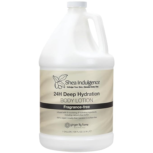 Ginger Lily Farms Botanicals Shea Indulgence 24H Deep Hydration Body Lotion, 100% Vegan & Cruelty-Free, Fragrance-Free, 1 Gallon (128 fl oz) Refill