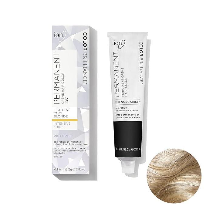 Ion Permanent Creme Hair Color 10V Lightest Cool Blonde, Vegan, Cruelty Free, PPD Free, 100% Gray Coverage, Long Lasting, Fade Resistant Color, 2.05 oz