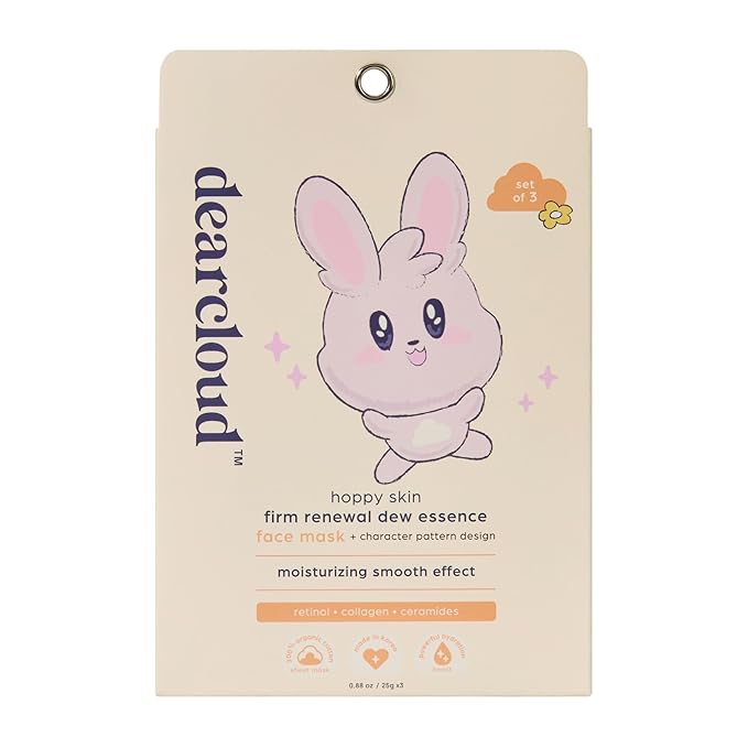 dearcloud Hoppy Skin Firm Renewal Dew Essence Face Mask, Korean Sheet Mask - Collagen, Retinol & Ceramides (3 Count)